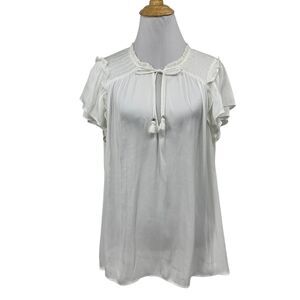Paige Blouse Womens L Large White Laramie Matte Satin Flutter Sleeves Tassel Top